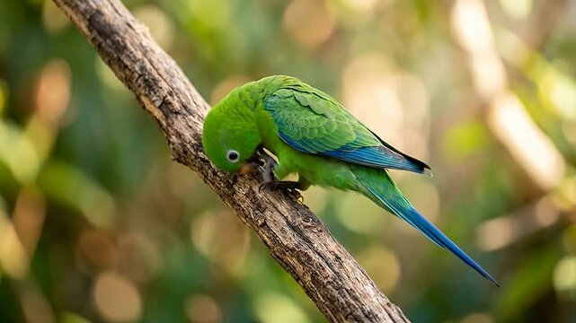 Colorful Green and Blue Parrot Perched on Tree Branch in Nature