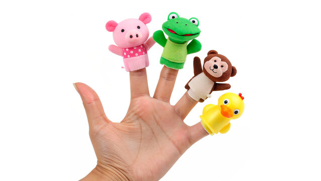 Human hand wearing five cute colorful animal finger puppets isolated on transparent background cut out