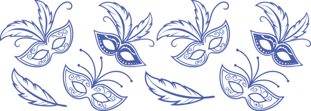 Seamless carnival mask pattern with elegant blue line art feathers and decorative details on white background. Festive celebration design ideal for textiles, wallpaper, packaging and prints.