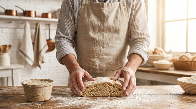 Baker Kneading Fresh Sourdough Bread in a Rustic Bakery