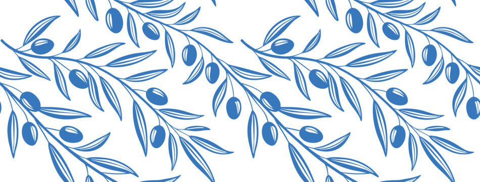 Seamless olive branch and olive leaf pattern in elegant blue tones on a white background. Nature-inspired botanical design perfect for textiles, wallpaper, and packaging. Stylish repeating foliage 