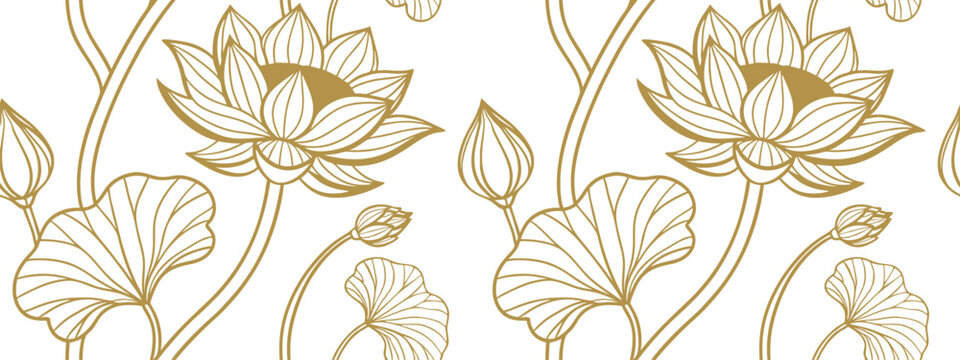 Seamless lotus flower pattern with elegant golden line art on a white background. Decorative botanical design inspired by Asian floral motifs for textiles and wallpaper. Stylish repeating vector 