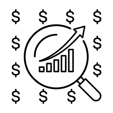 A magnifying glass shows a growing bar chart surrounded by dollar signs