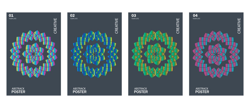 Set of four abstract posters with geometric mandala patterns in vibrant gradient colors