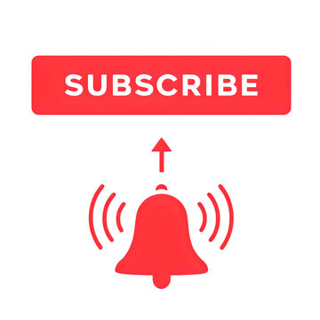Red bell subscription notification icon with sound waves isolated on transparent background