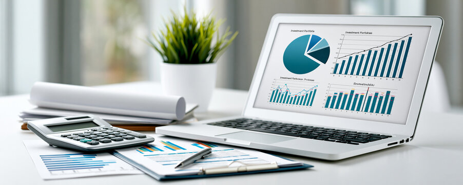 A close-up of a financial analyst's desk filled with reports, calculators, and a laptop showing different investment portfolios being assessed for their performance.