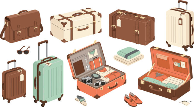 Vintage and Modern Travel Luggage Vector Set with Open Suitcases Packed Clothes Retro Bags and Rolling Trolleys for Vacation Planning Concept