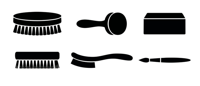 Shoe cleaning brush icon set featuring black silhouette vectors of paintbrushes, daubers, sponges, and bristle scrubbers for leather care, grooming, and maintenance isolated on white background.