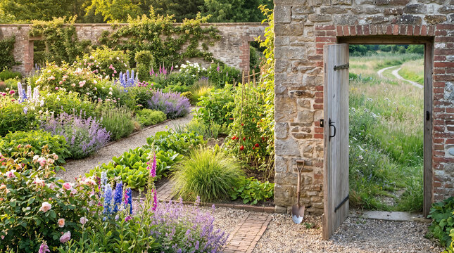 Garden with stone wall door