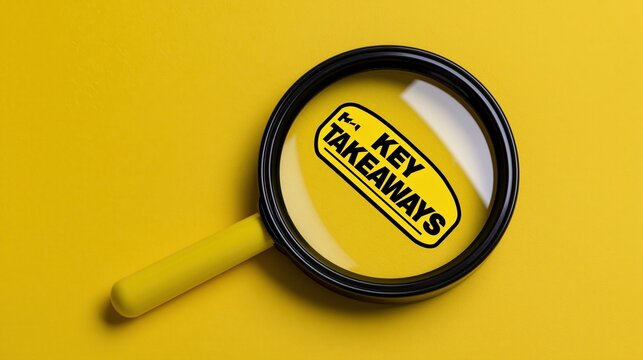 Magnifying glass with "Key Takeaways" text inside lies on a vibrant yellow background, highlighting essential information.