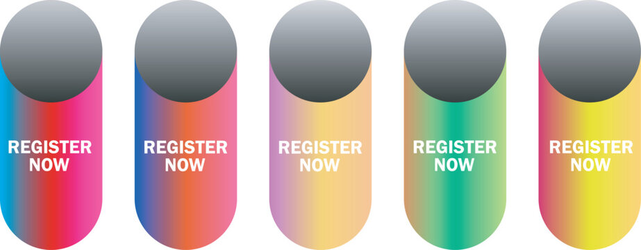 Set of five colorful gradient buttons with register now text
