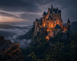Fototapeta premium Medieval Chateau at Dusk, Misty Forest and Evening Lighting
