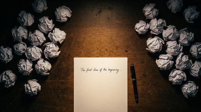 Paper with text surrounded by crumpled draft pages
