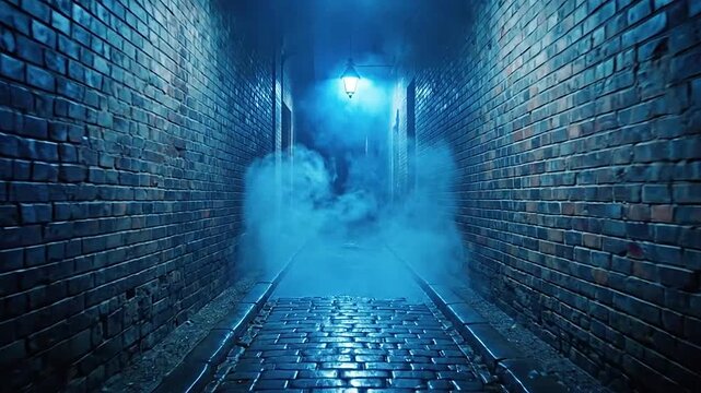 A dark narrow alleyway illuminated by glowing blue street lamps