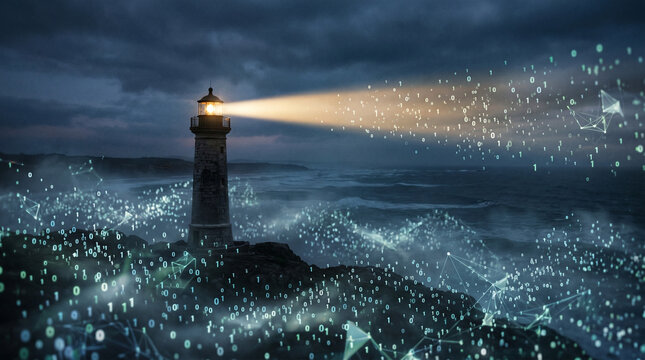 Lighthouse illuminating a sea of digital data