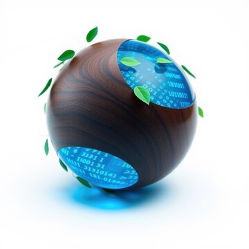 Globe combines nature, technology. Wood texture meets digital code, leaves surround sphere. Represents ecofriendly innovation, sustainability.