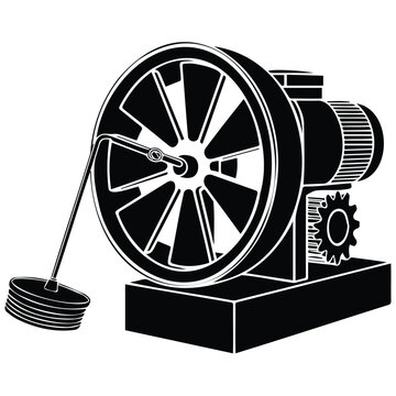 Vintage generator pulley wheel engine mechanics heavy machinery industrial power.
