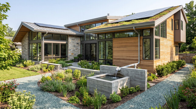 Modern eco-friendly house with solar panels and rainwater collection system