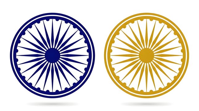 Ashoka chakra symbol of india, navy blue and golden wheels representing the dharma chakra, vector illustration isolated on white background
