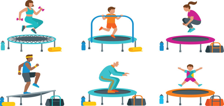 Diverse people training on mini fitness trampolines with dumbbells and bags vector illustration set collection