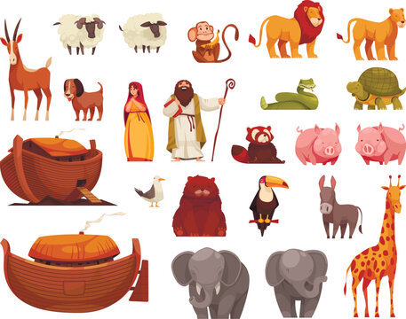 Noah's Ark Cartoon Character Set with Animals and Biblical Elements Vector Collection