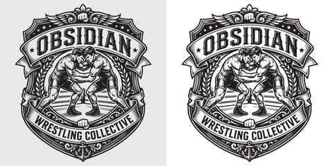 Fototapeta premium Classic Engraved Logo for Obsidian Wrestling Collective with Wrestlers and Ring