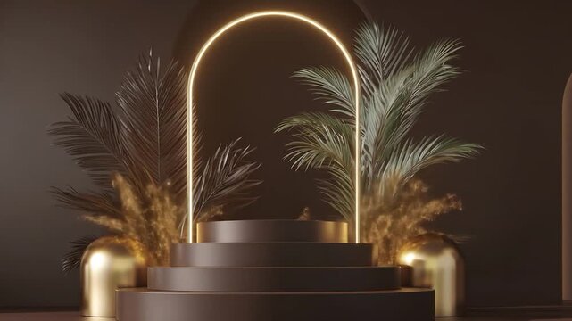 Elegant podium with golden arch and foliage for product presentation