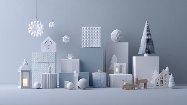 Elegant arrangement of minimalist winter holiday decorative objects on muted cool background