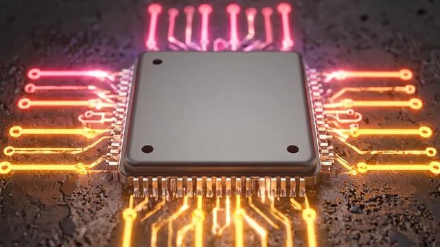 A glowing electronic processor chip on a dark textured surface