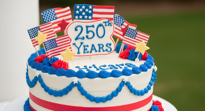 American Independence Day cake, 250th anniversary celebration dessert, patriotic birthday treat, USA flag decorations
