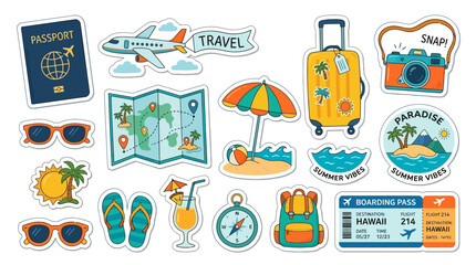 Travel stickers show vacation icons on white © bahar