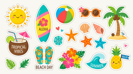 Colorful beach stickers with tropical symbols and icons © bahar