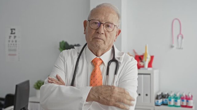 Man doctor, old grey haired, wearing whitecoat, orange tie and glasses, with stethoscope and arms crossed in clinic building with eye chart and anatomy model visible; serious professionalism.