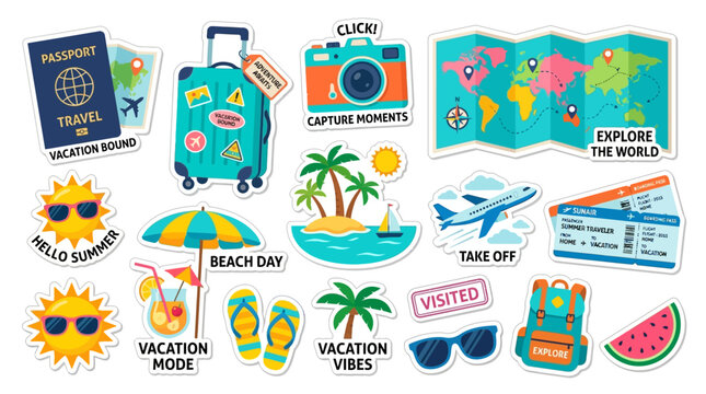 Travel stickers show vacation mode with luggage and map