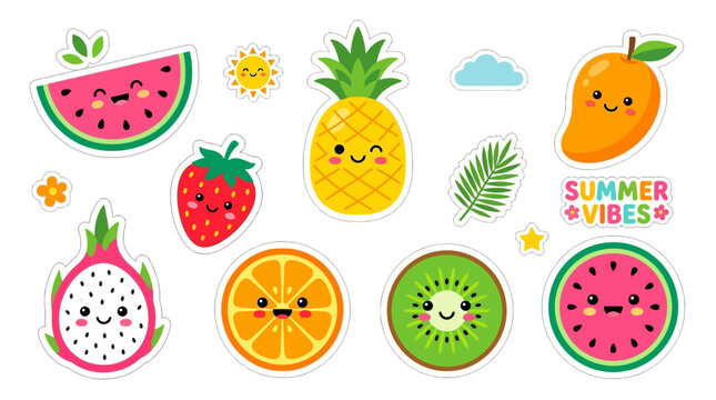Colorful illustrations of various fruits and summer vibes stickers