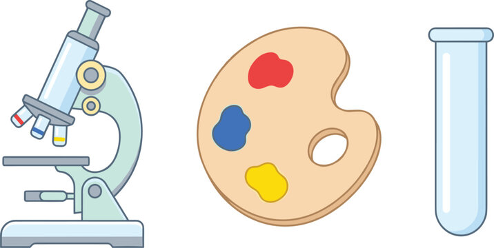Science microscope and art palette icon set vector elements for steam education