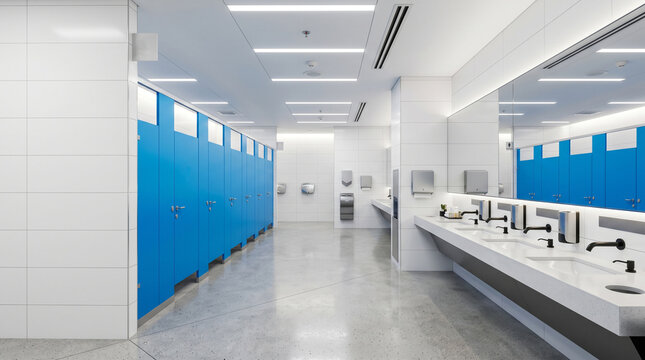 Sleek, clean commercial washroom with bright blue partitions and minimalist design.