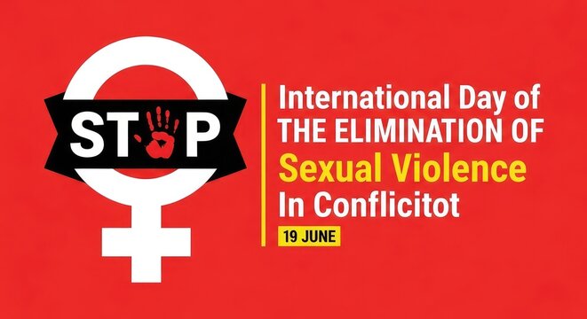 Elimination of sexual violence in conflict banner with red female gender sign and stop hand gesture symbol