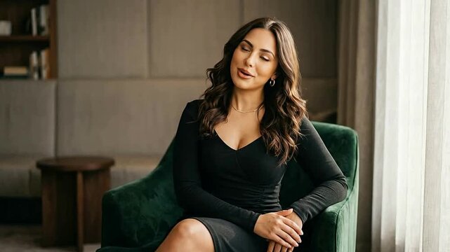 Confident young woman sitting on green velvet sofa in modern living room