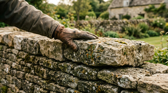Dry stone wall construction technique | Artisan building traditional stone boundary | Professional masonry work with leather gloves | Restoring a Cotswold style garden wall | Close up of stone mason 