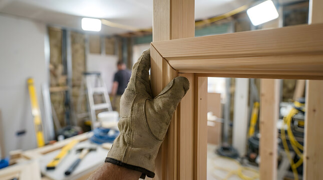 Professional carpenter installing door casing | Close-up of miter joint woodworking | Home renovation interior door trim installation | Construction worker wearing protective leather gloves