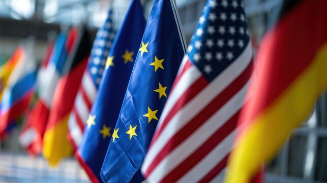 National flags of various countries, including the USA, EU, and Germany, signifying international cooperation and global.