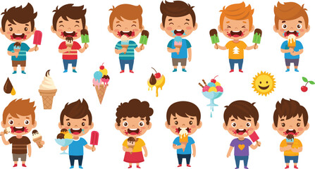 Fototapeta premium Cute Cartoon Boy Eating Ice Cream Various Poses and Flavors Fun Summer Kids Collection