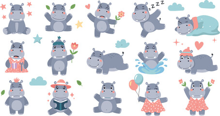 Cute Baby Hippo Cartoon Character Various Poses Sleeping Playing Holding Flower Balloon Kawaii Animal Set