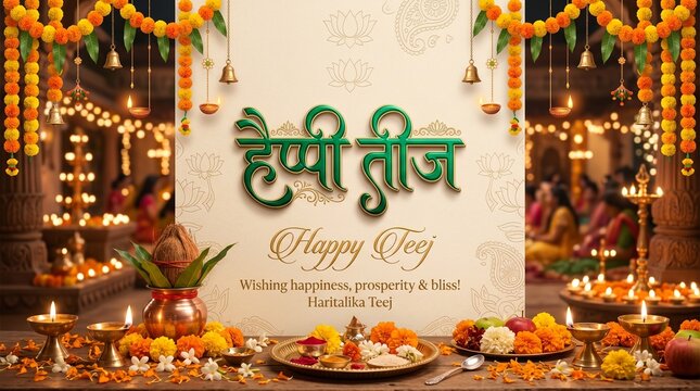 Happy teej festival greeting card with marigold flowers and diya