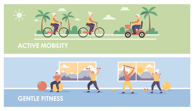 Senior health banners showing active mobility with cycling and scooters alongside gentle fitness exercises for elderly people.