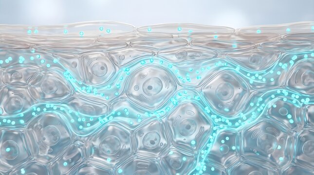 3d rendered microscopic skin cell layer with aqua blue moisture flowing through intercellular channels