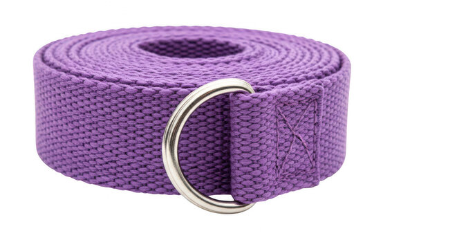 Purple yoga strap with metal d-ring for stretching exercise isolated on transparent background