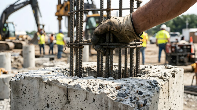 construction worker hand on steel rebar cage | concrete foundation pile cap installation | heavy industrial construction site project | civil engineering infrastructure building process