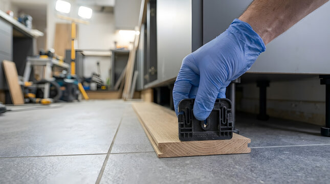 Installing kitchen plinth clips on kickboard | Cabinet plinth installation for modern kitchen | Professional kitchen fitter using plinth clips | Handyman fitting kitchen base unit kickboard